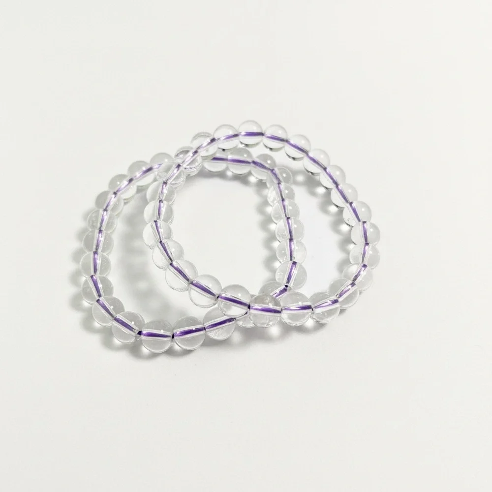 Clear Quartz Bead Bracelet Set Purple‎ Stretch Cord Round Polished Crystal 2pc